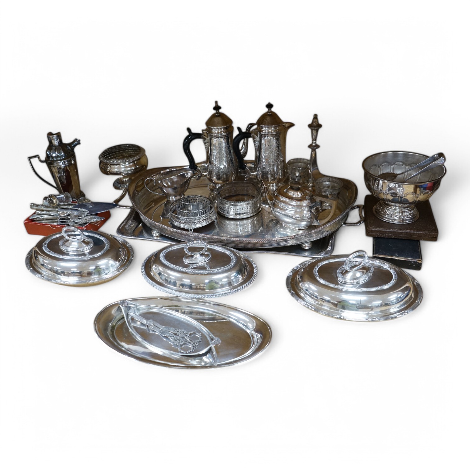 A quantity of plated wares, two trays three entree dishes, coasters and coffee pots etc, oval tray 64cm wife. Condition - good